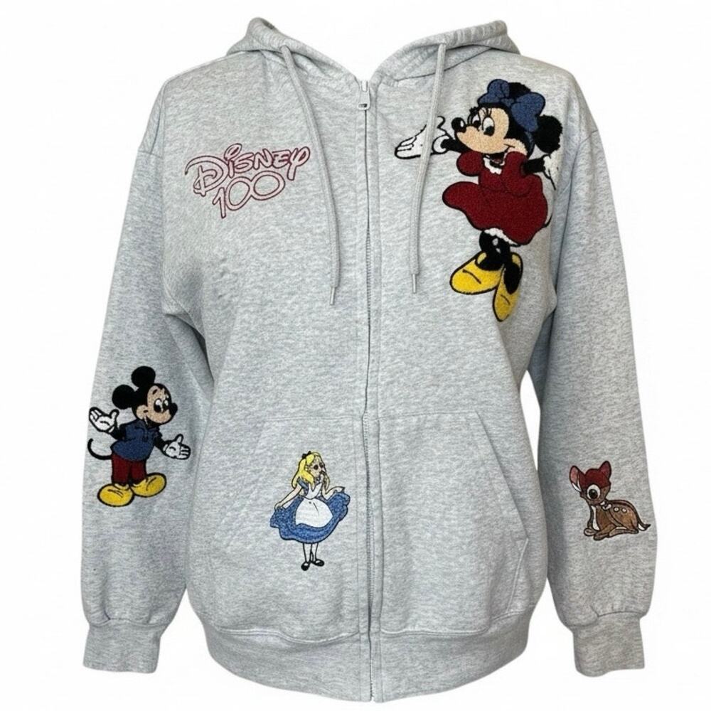 Disney 100 Full Zip Hoodie Women’s Small Gray Embroidered Chenille Patches WDW